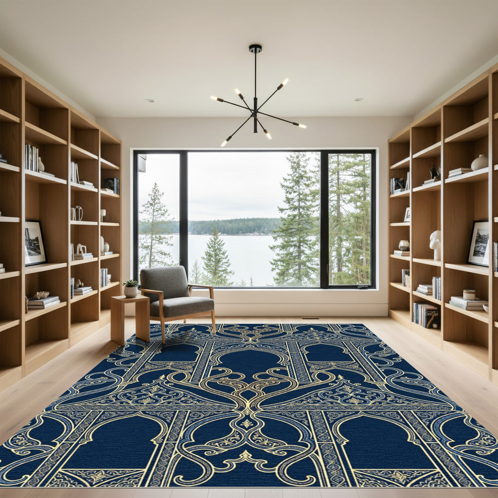 Midnight Blue Gold Arabesque Arch Rug