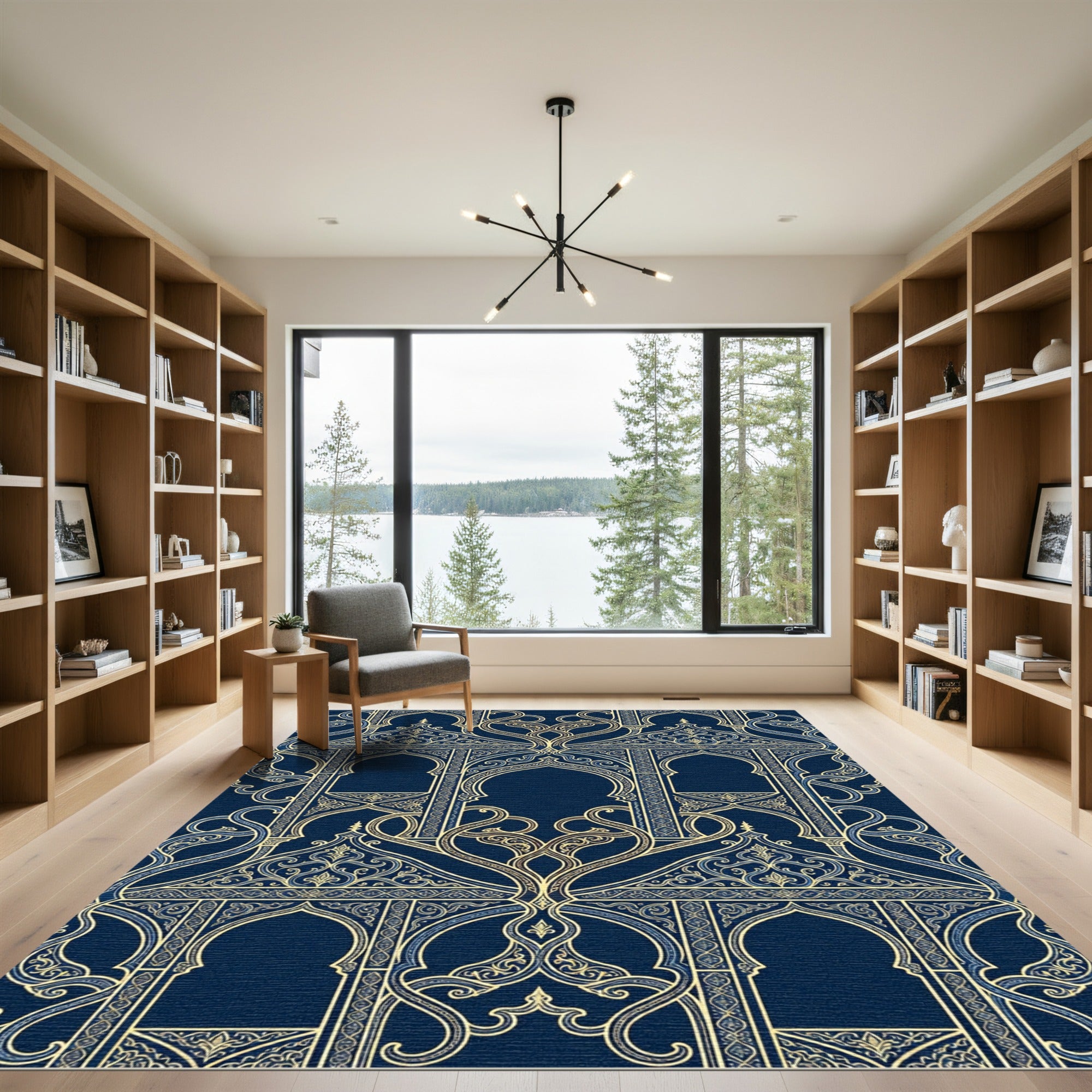 Midnight Blue Gold Arabesque Arch Rug