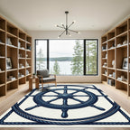 Nautical Ship Wheel Navy Rope Border Rug