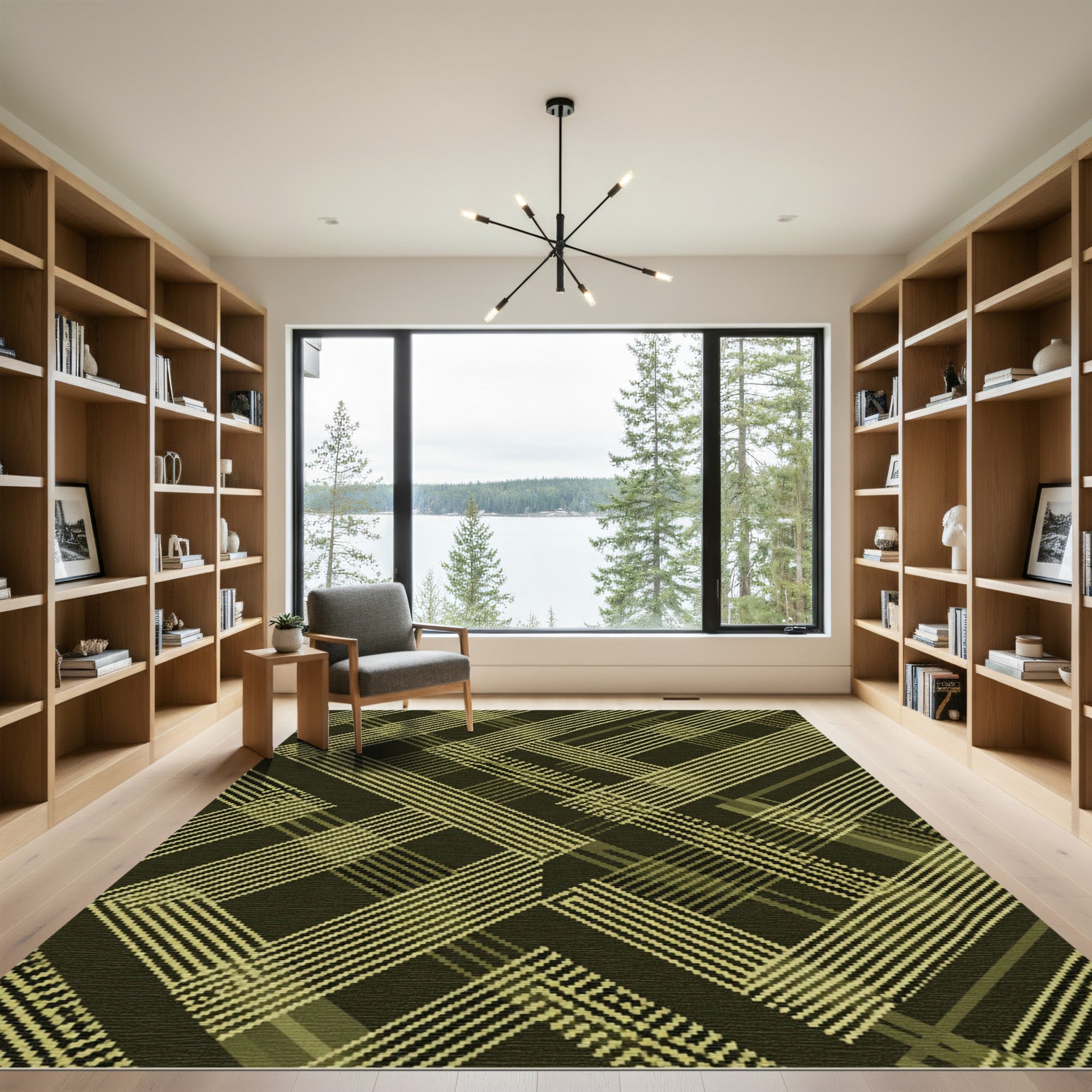 Olive Green Geometric Abstract Linear Grid Rug