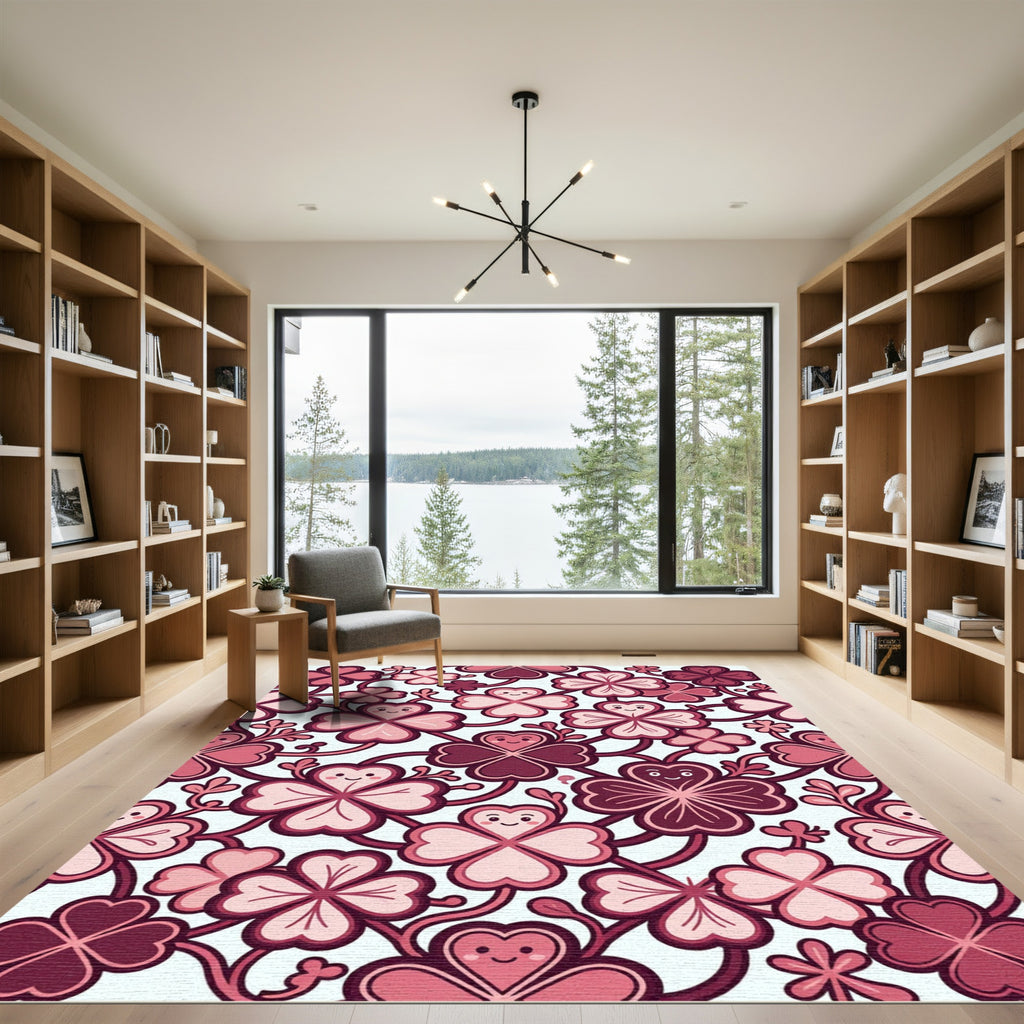 Whimsical Pink Heart Four Leaf Clover Rug