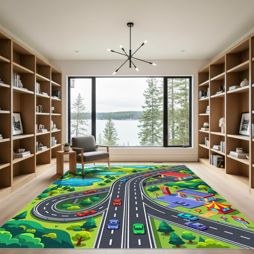 Vibrant Mountain Highway Transit Landscape Rug