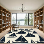 Navy Sailboat Pattern Nautical Motif Rug