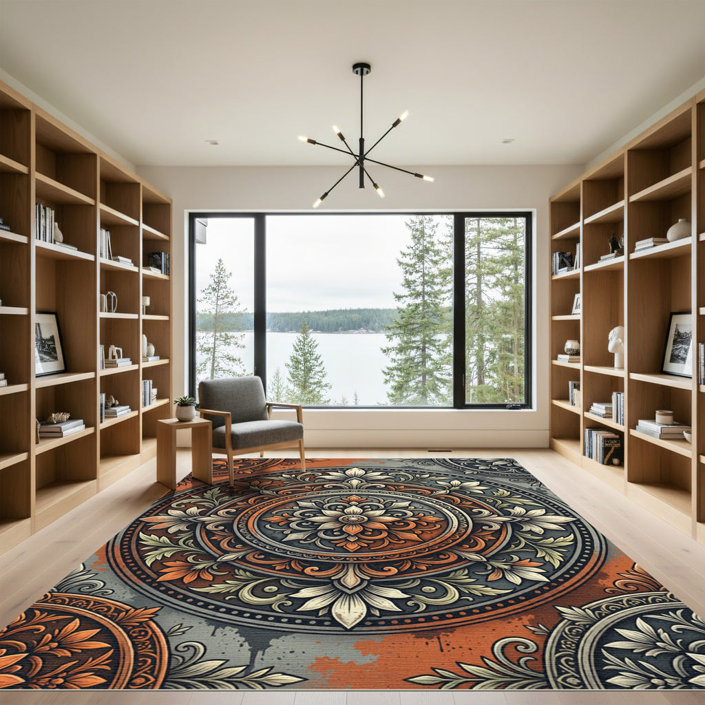 Terracotta Orange Floral Mandala Rug