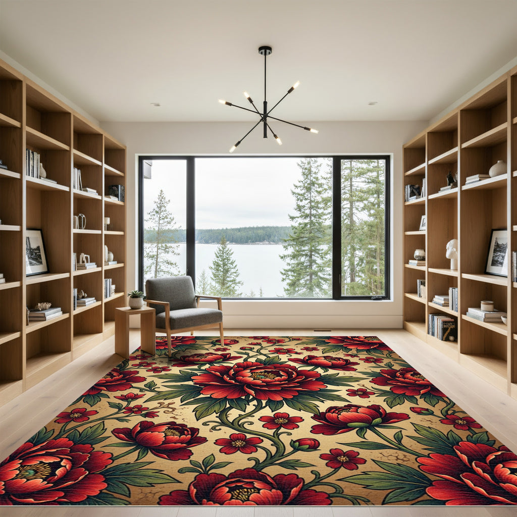 Crimson Floral Vine With Gold Background Rug