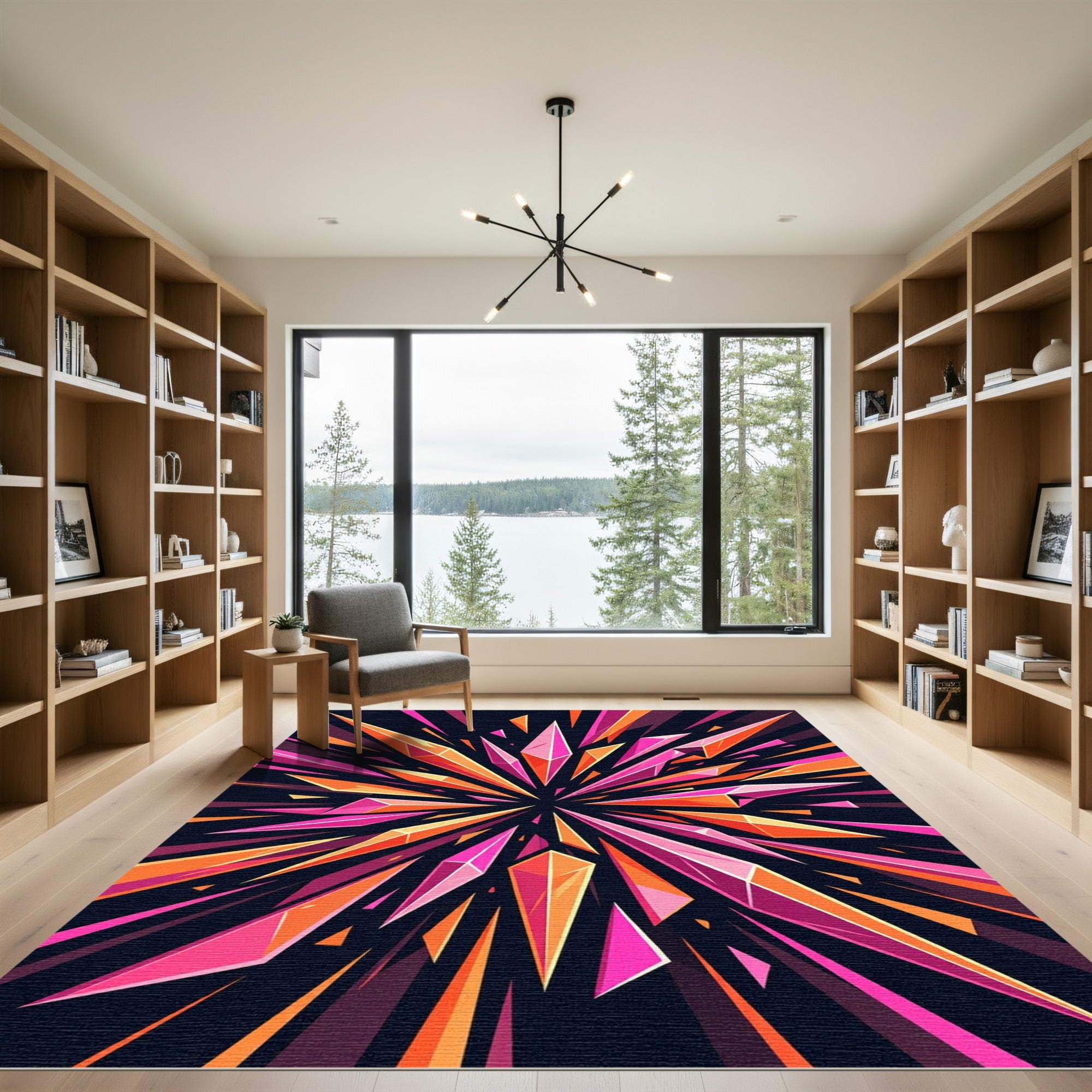 Vibrant Pink and Orange Abstract Crystal Starburst Rug