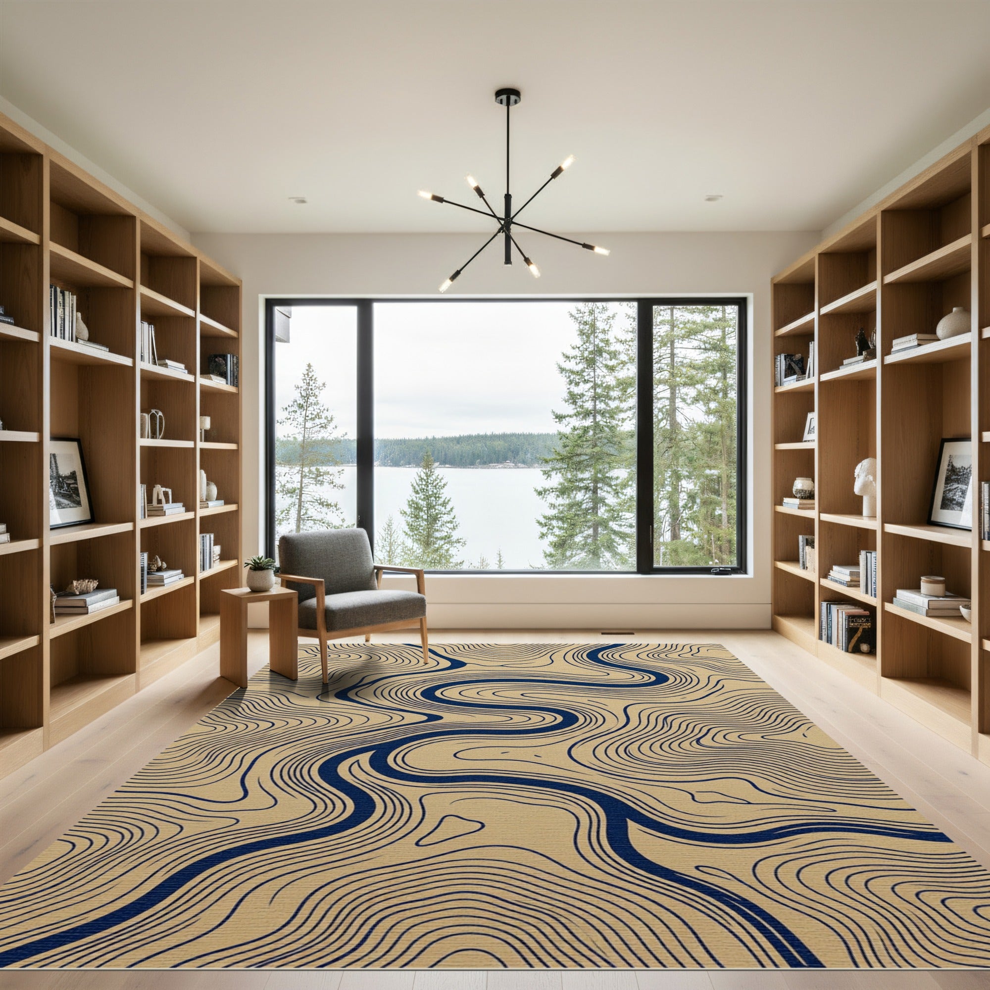 Modern Navy and Sand Topographic Line Rug