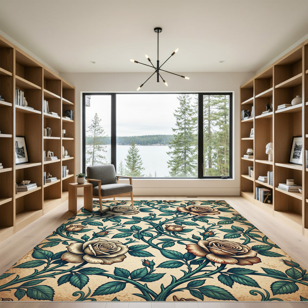 Cream Rose Vine Foliage Rug