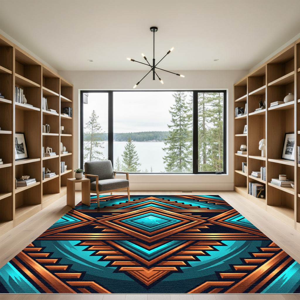 Geometric Copper and Teal Diamond Art Rug
