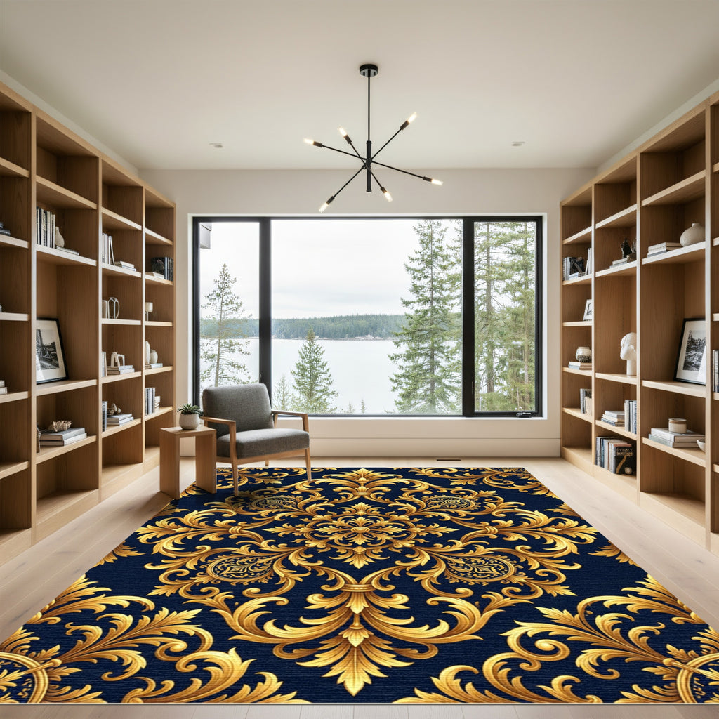 Ornate Gold Damask Navy Scroll Rug