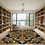 Ornate Gold Damask Navy Scroll Rug