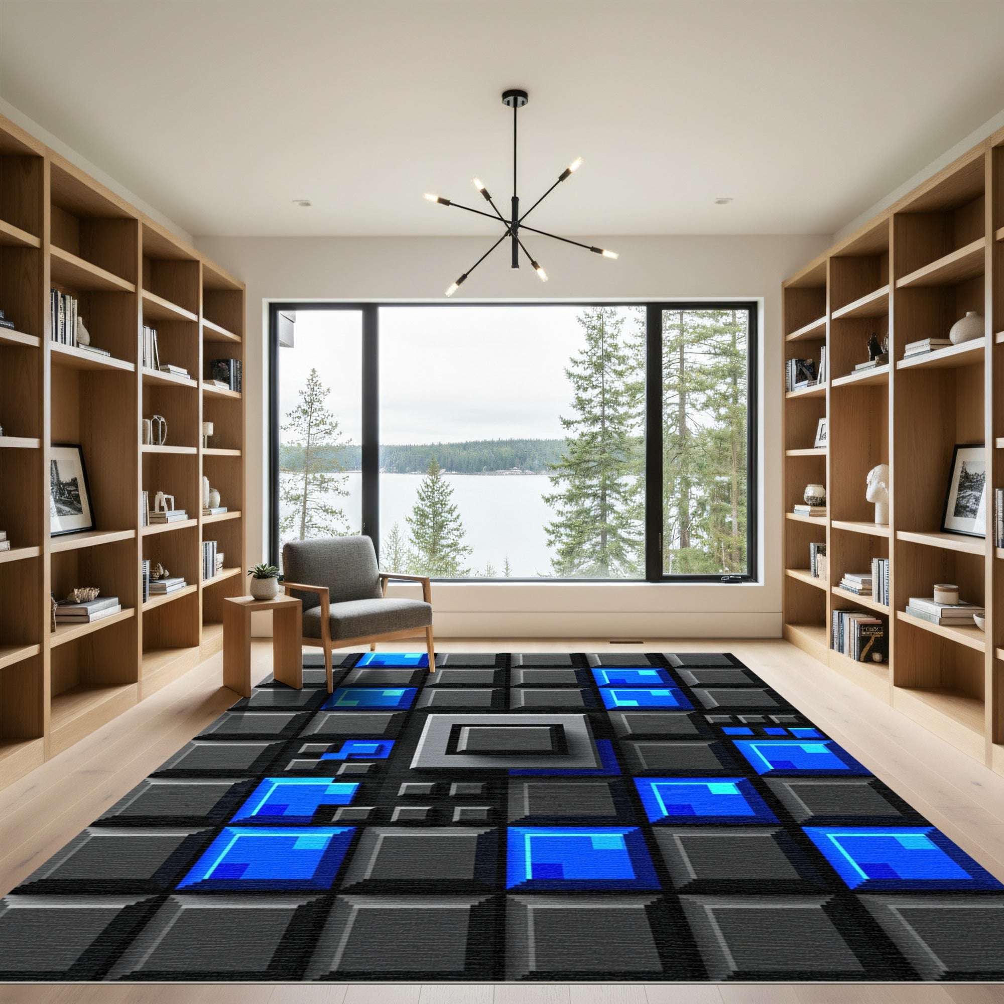 Modern Electric Blue Geometric Grid Rug