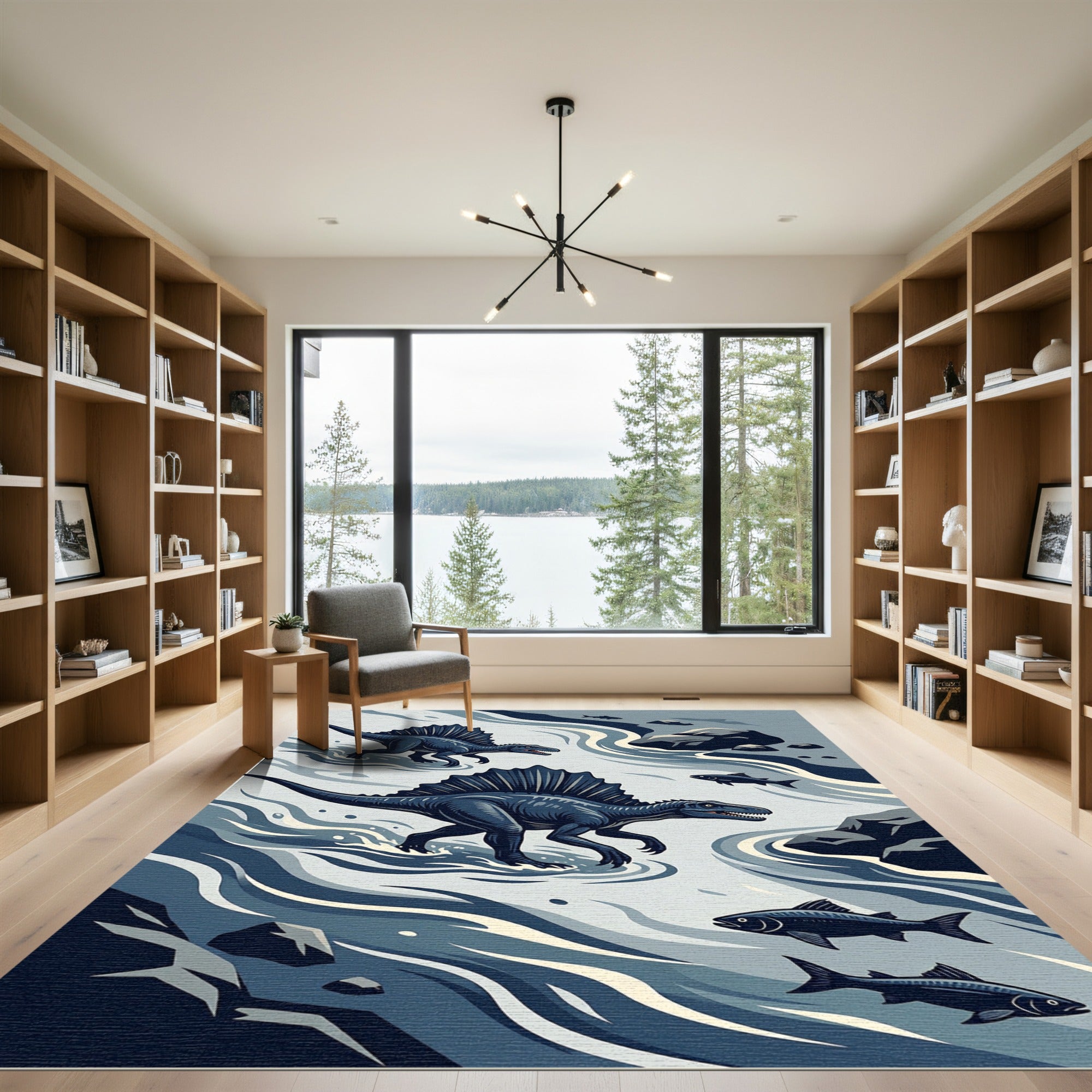 Midnight Spinosaurus River Scene Illustration Rug