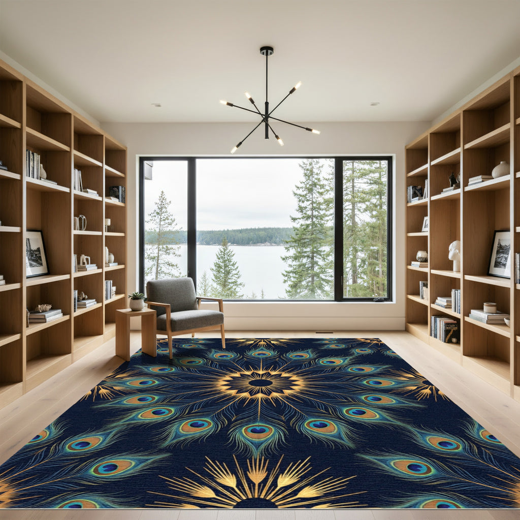 Elegant Peacock Feather Gold Mandala Rug