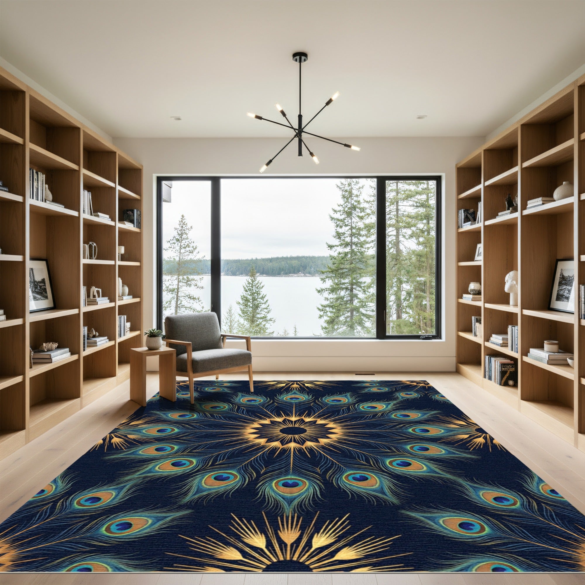 Elegant Peacock Feather Gold Mandala Rug