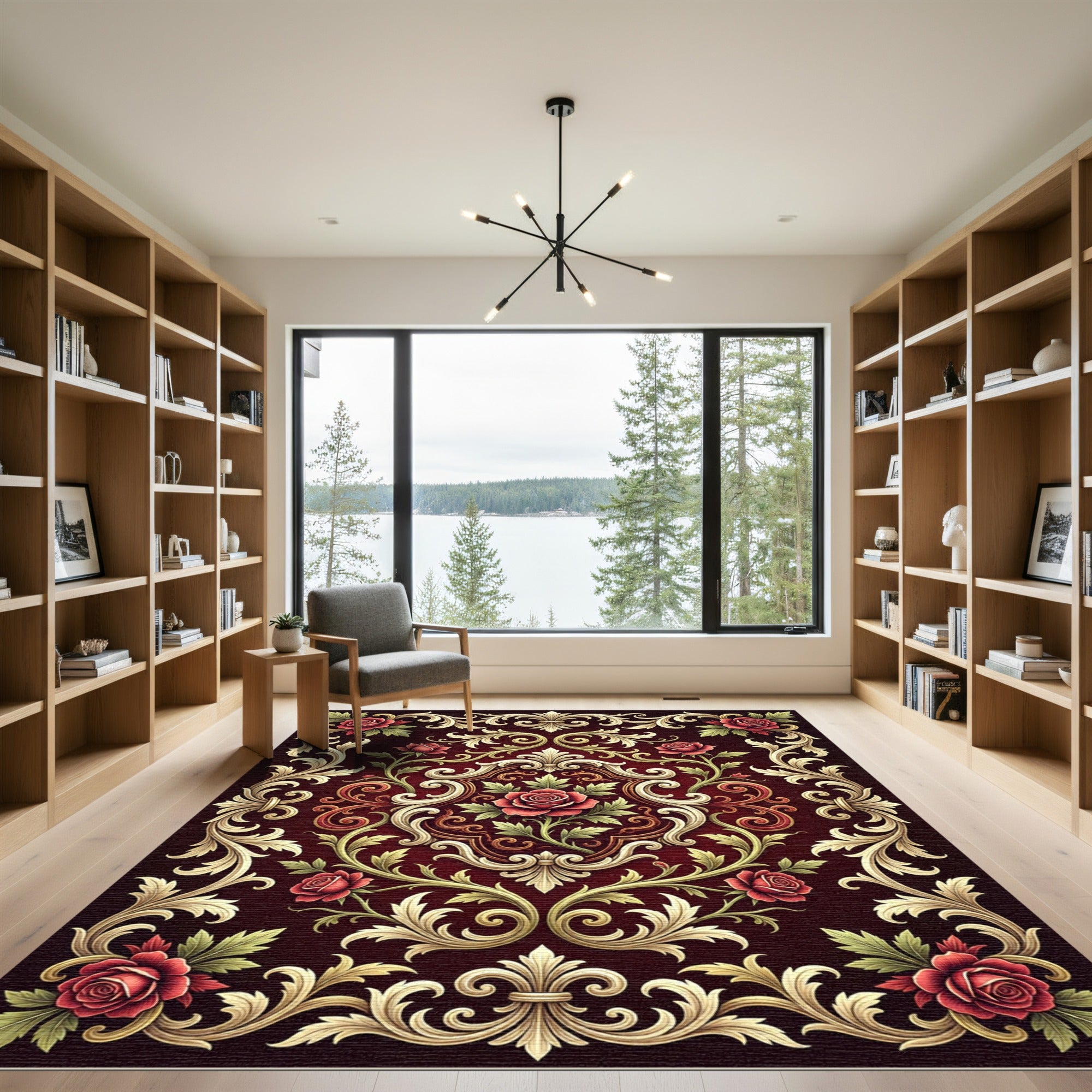 Regal Red Rose Acanthus Scroll Rug