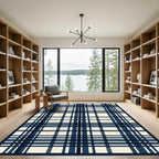 Navy And Cream Plaid Crossing Lines Rug