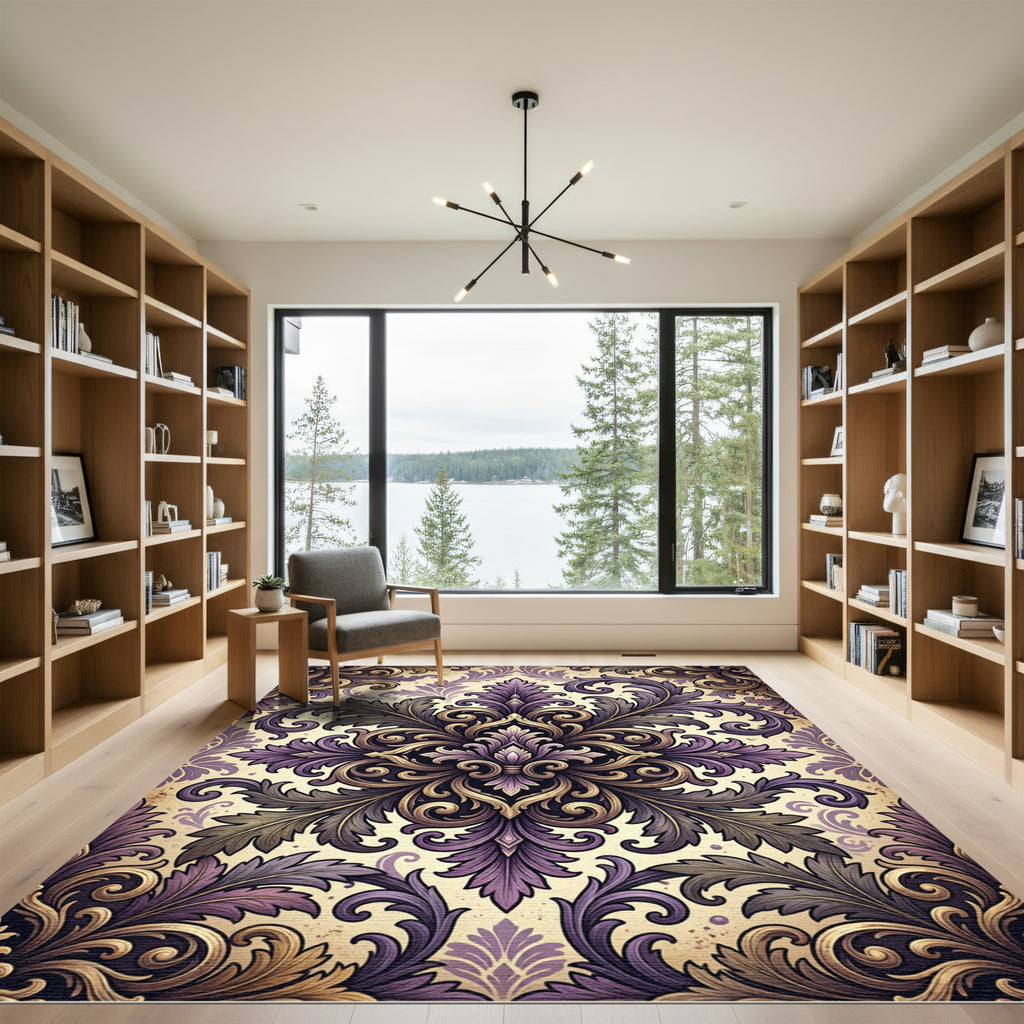 Ornate Royal Purple Gold Damask Rug