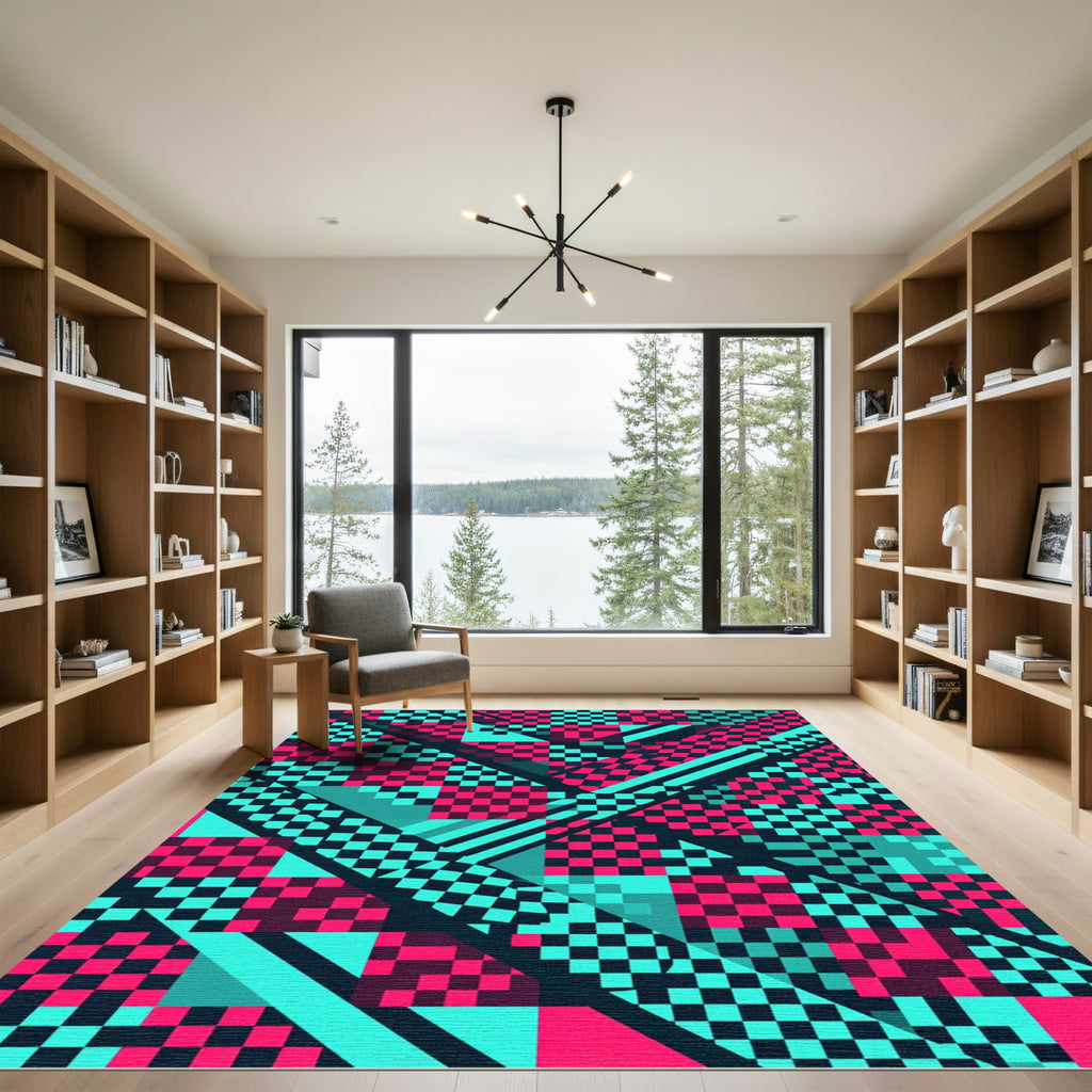 Neo Magenta Teal Geometric Checkered Abstract Rug