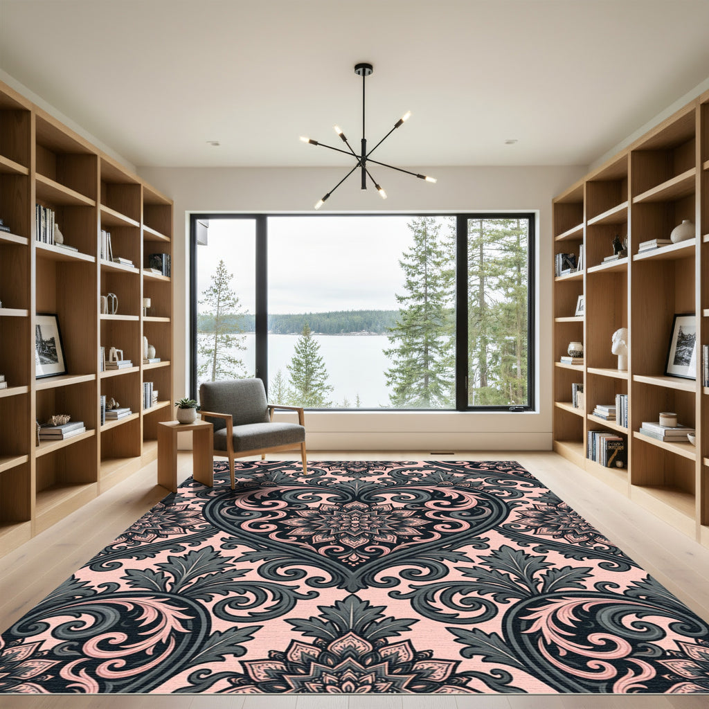 Blush Pink and Charcoal Heart Damask Rug