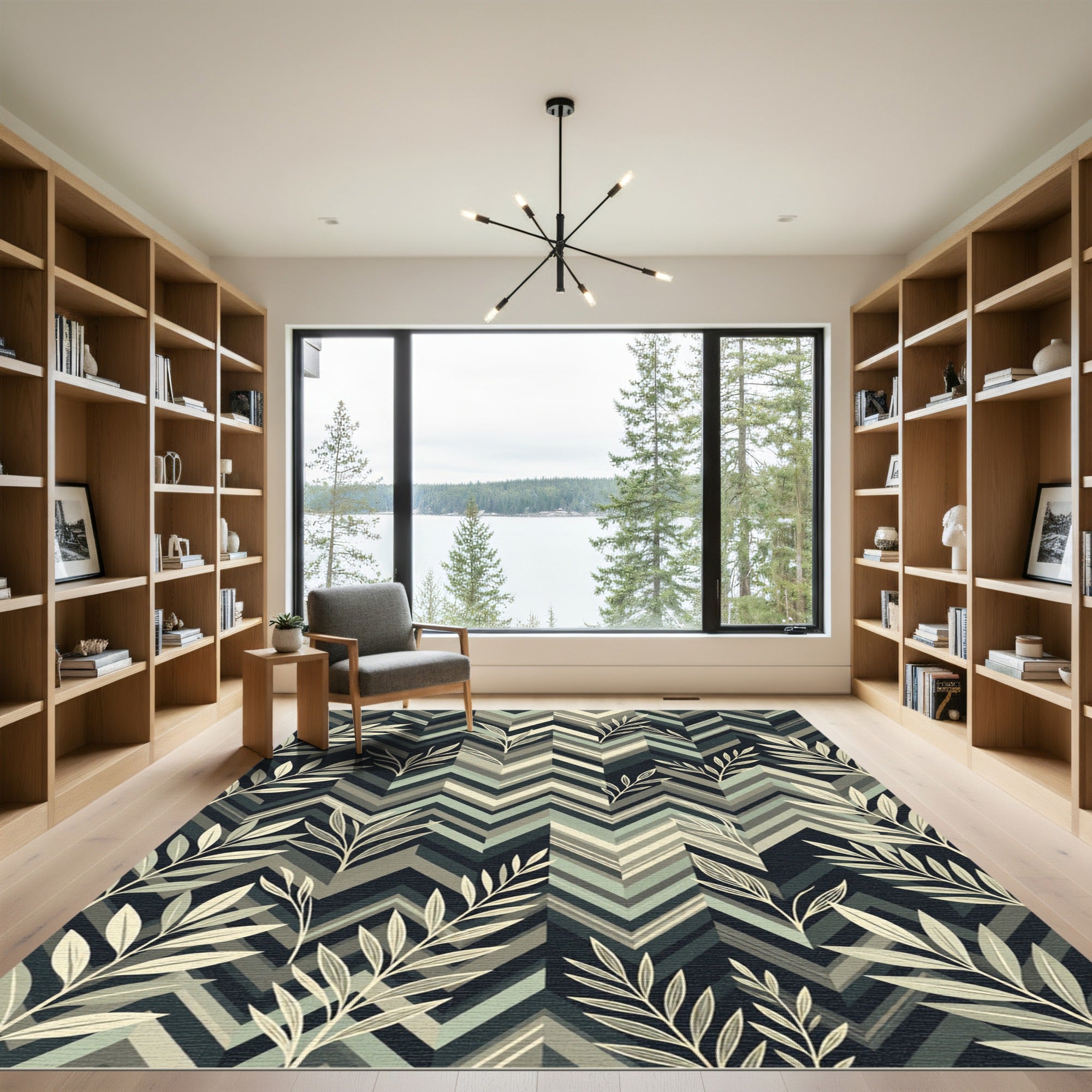 Sage Green Chevron Botanical Foliage Rug