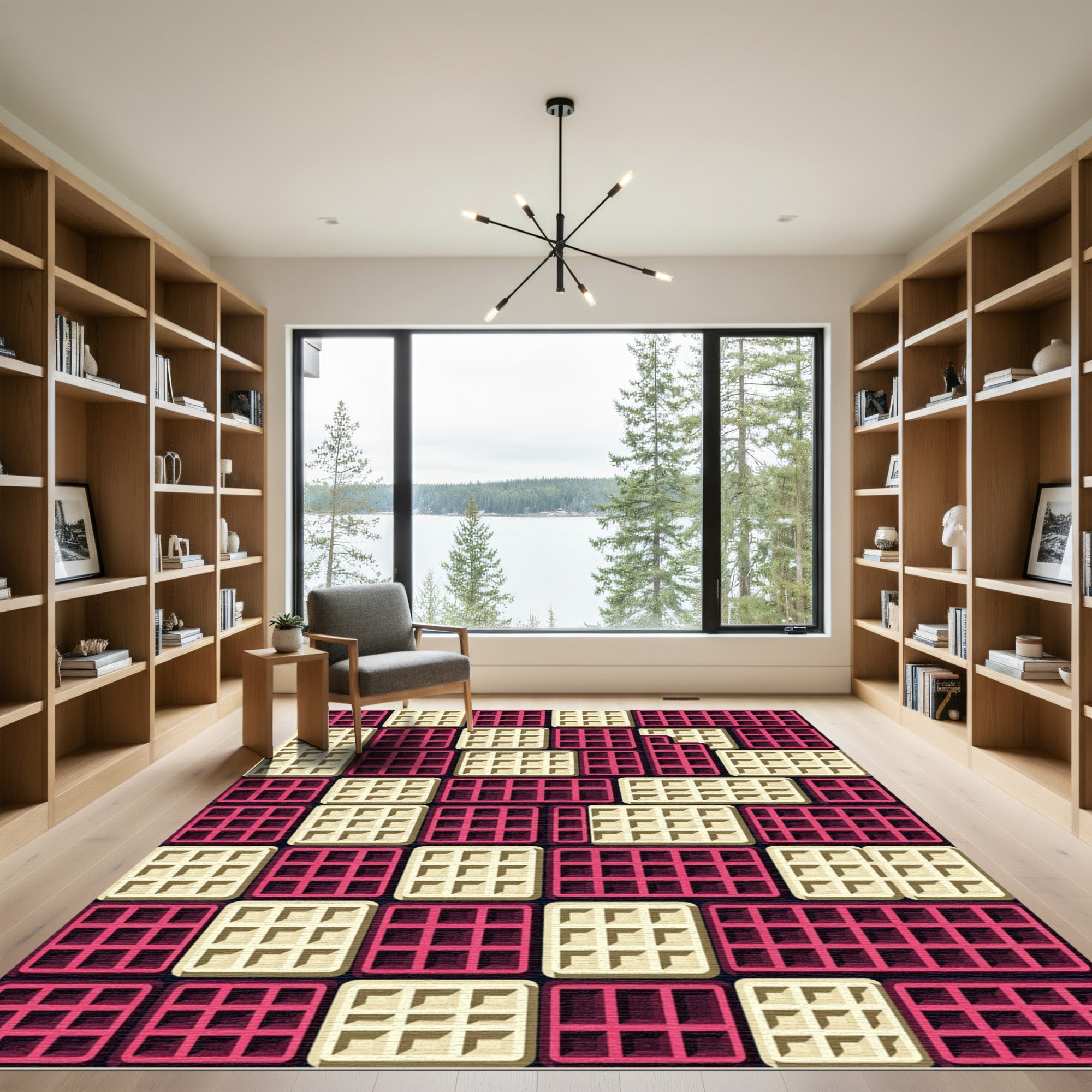 Geometric Waffle Grid in Fuchsia and Cream Rug