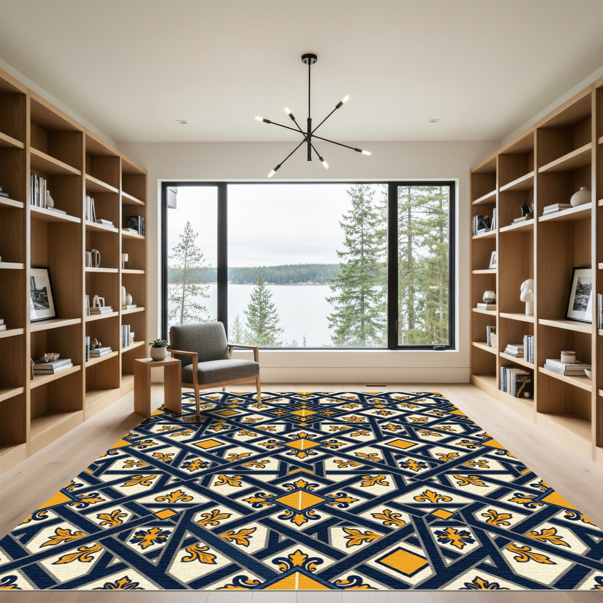 Navy Gold Geometric Fleur-De-Lis Lattice Rug