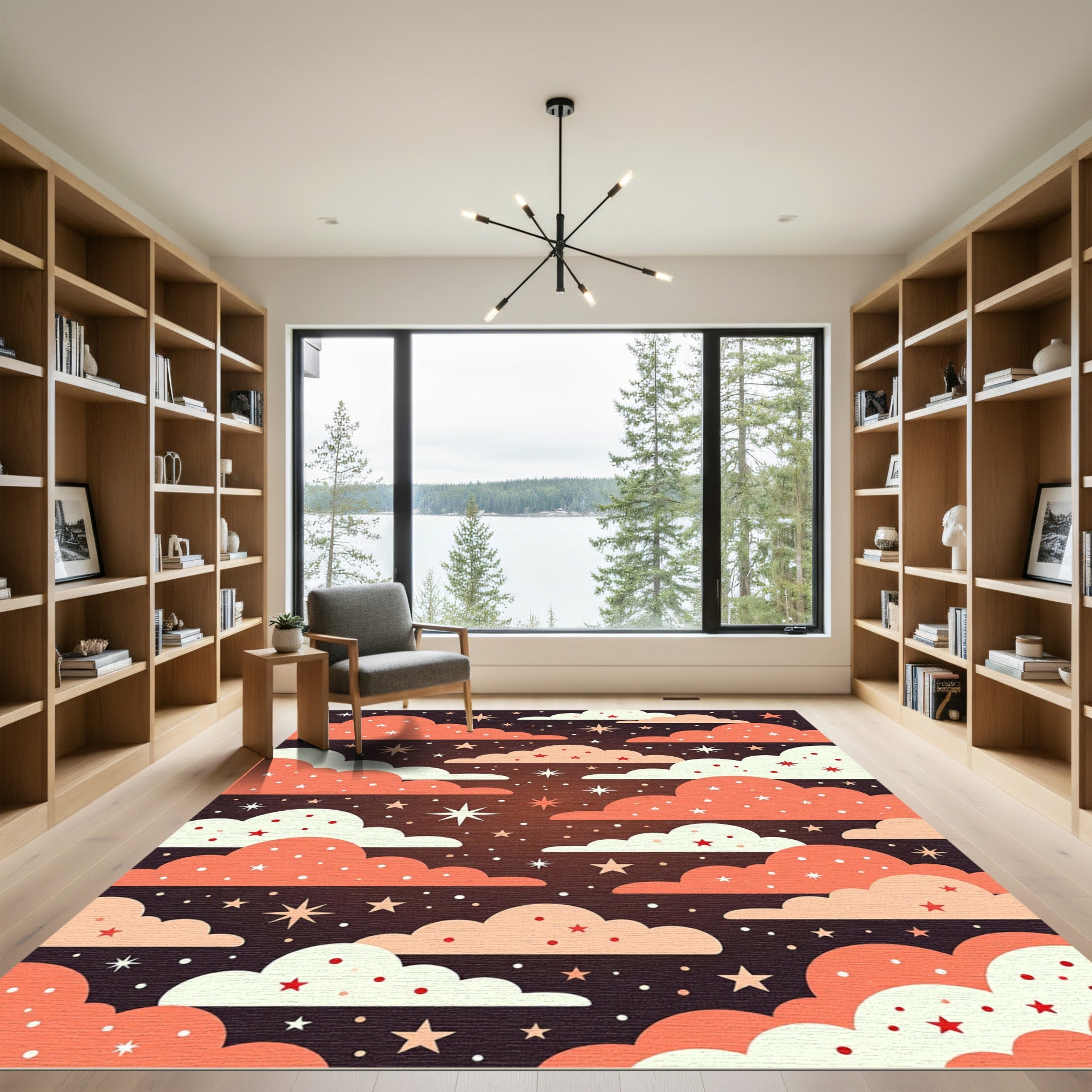 Whimsical Coral Night Sky Starry Clouds Rug