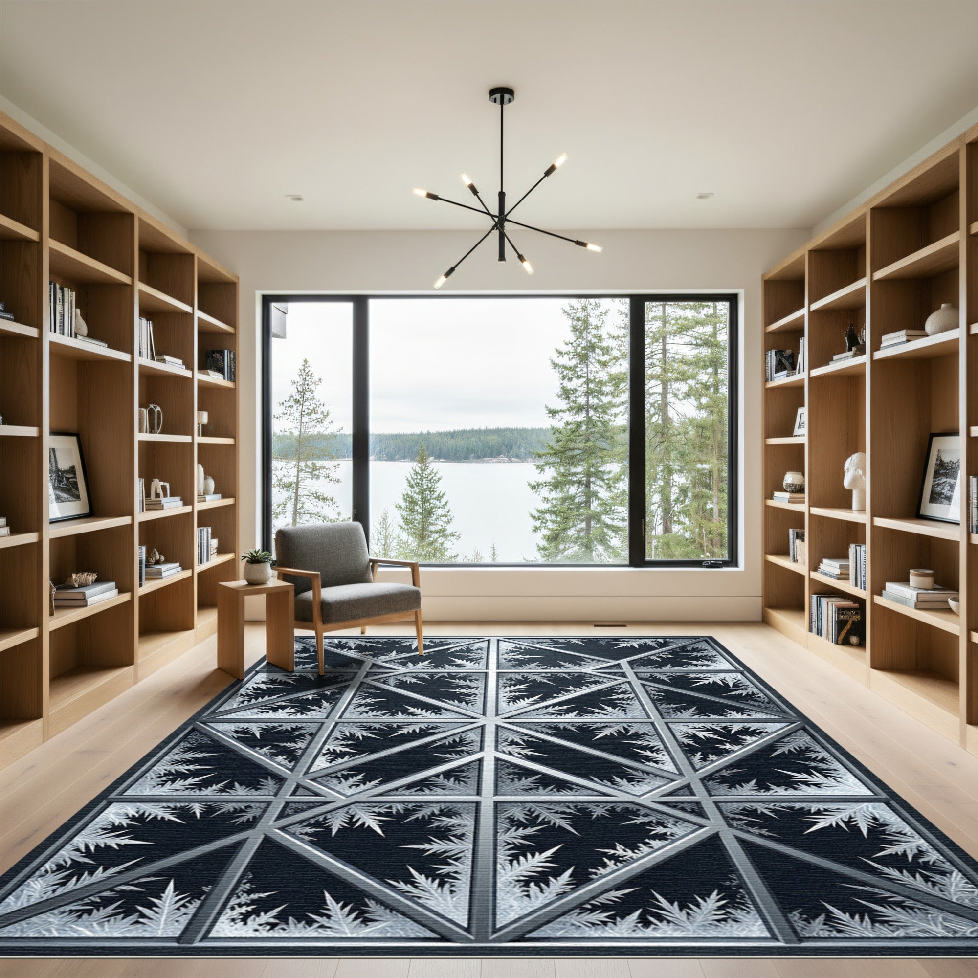 Frosty Monochrome Geometric Snowflake Lattice Rug