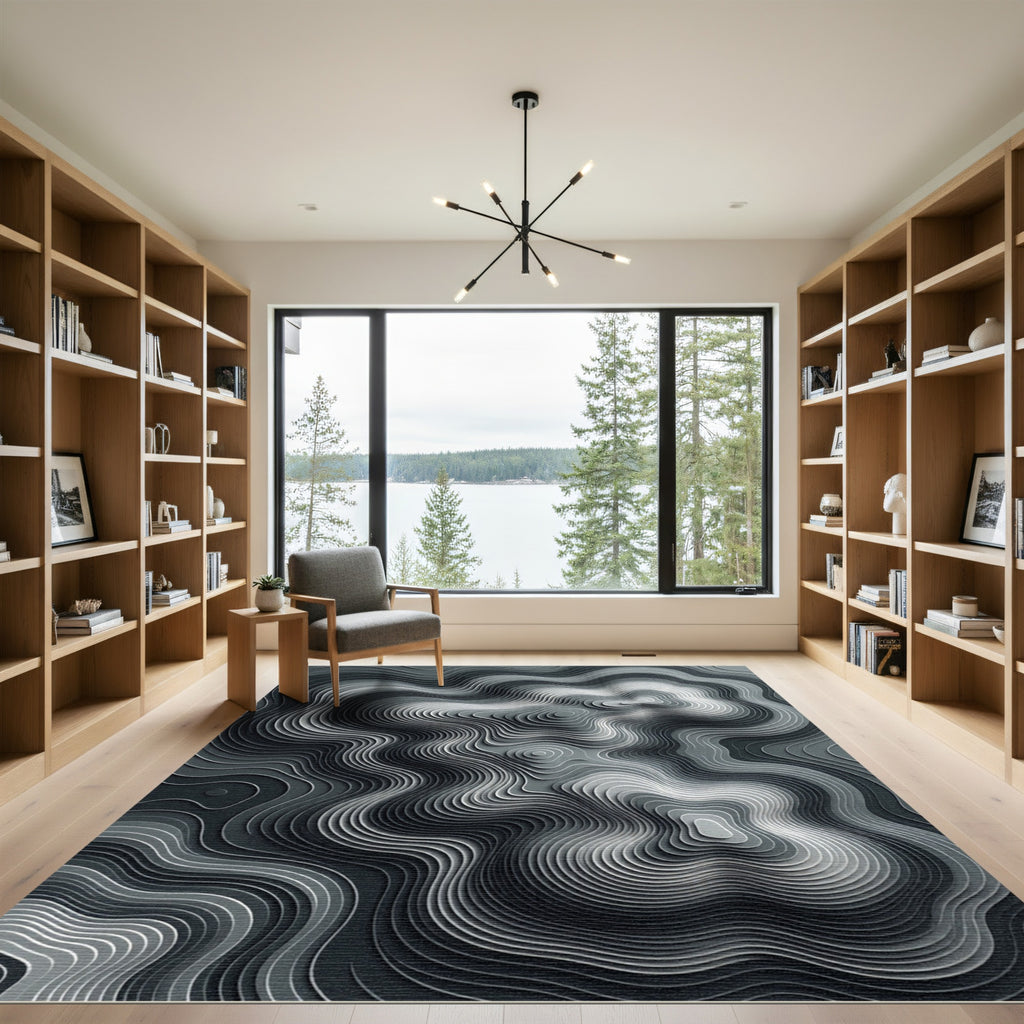 Monochrome Contour Topographical Ripple Rug