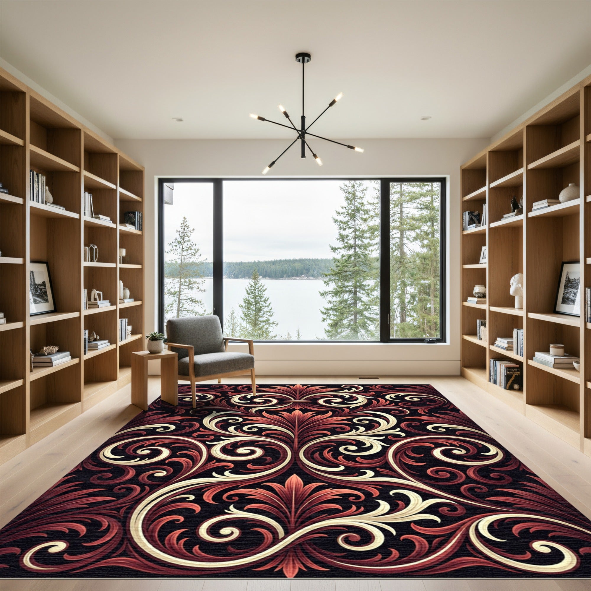 Elegant Crimson Cream Ornate Scrollwork Rug