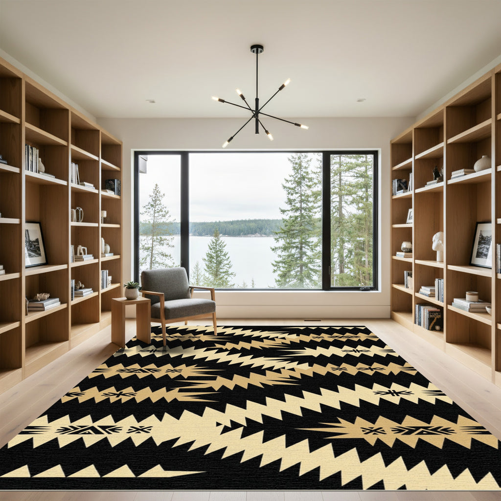 Gold Black Geometric Zigzag Chevron Rug