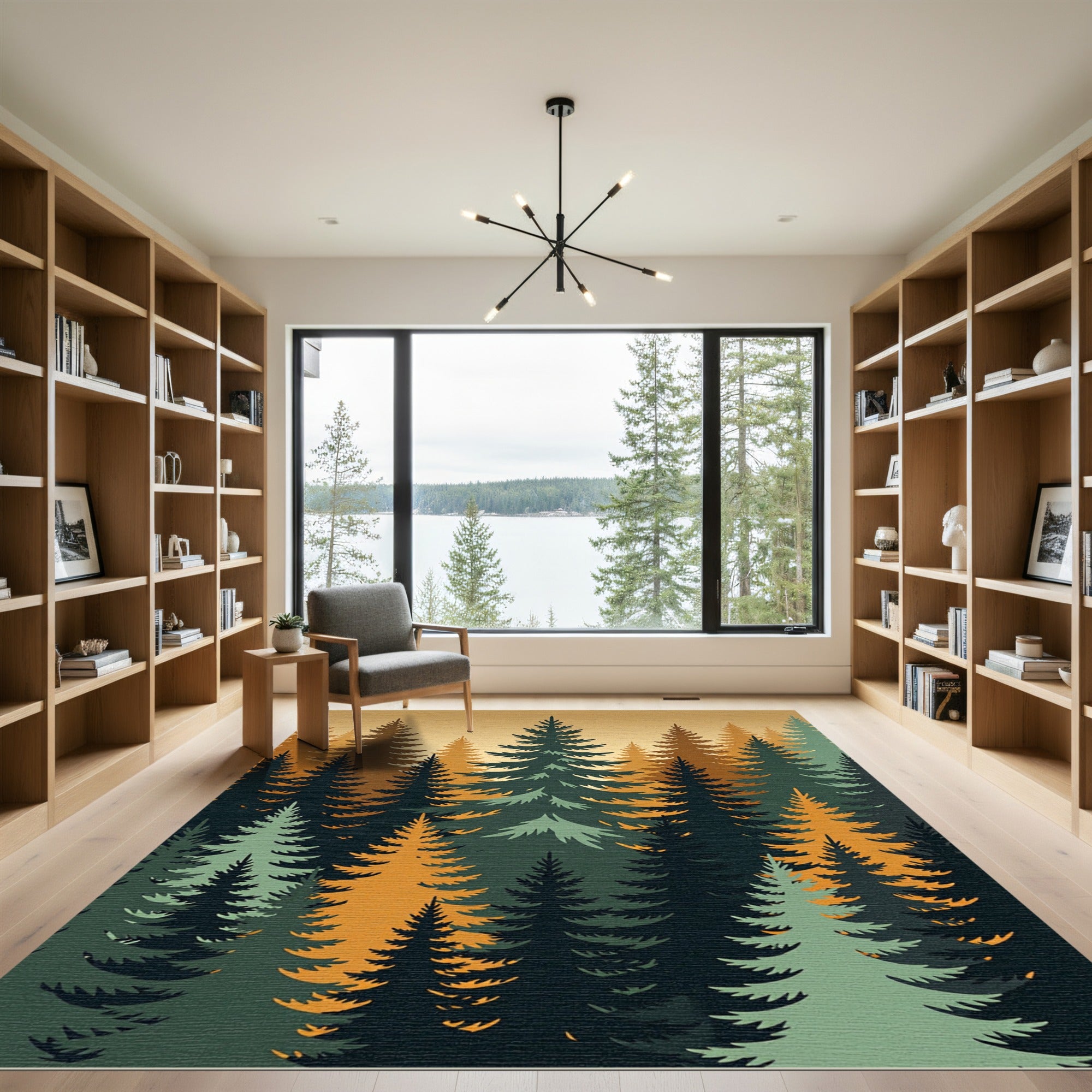Earthy Forest Pine Silhouette Landscape Rug