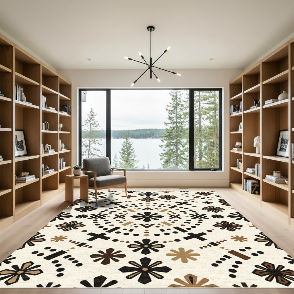Chic Black Brown Folk Art Blossoms Rug