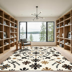 Chic Black Brown Folk Art Blossoms Rug