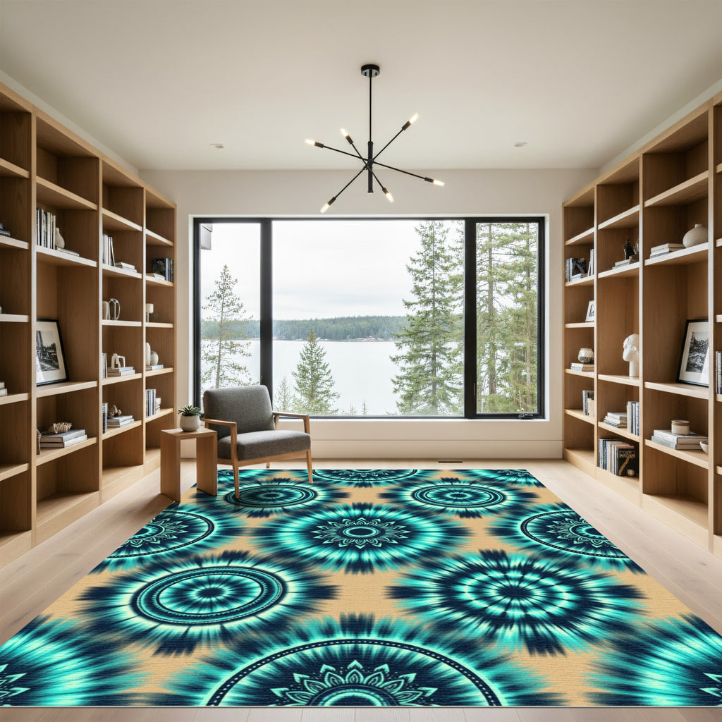 Radiant Teal Celestial Sunburst Mandala Rug