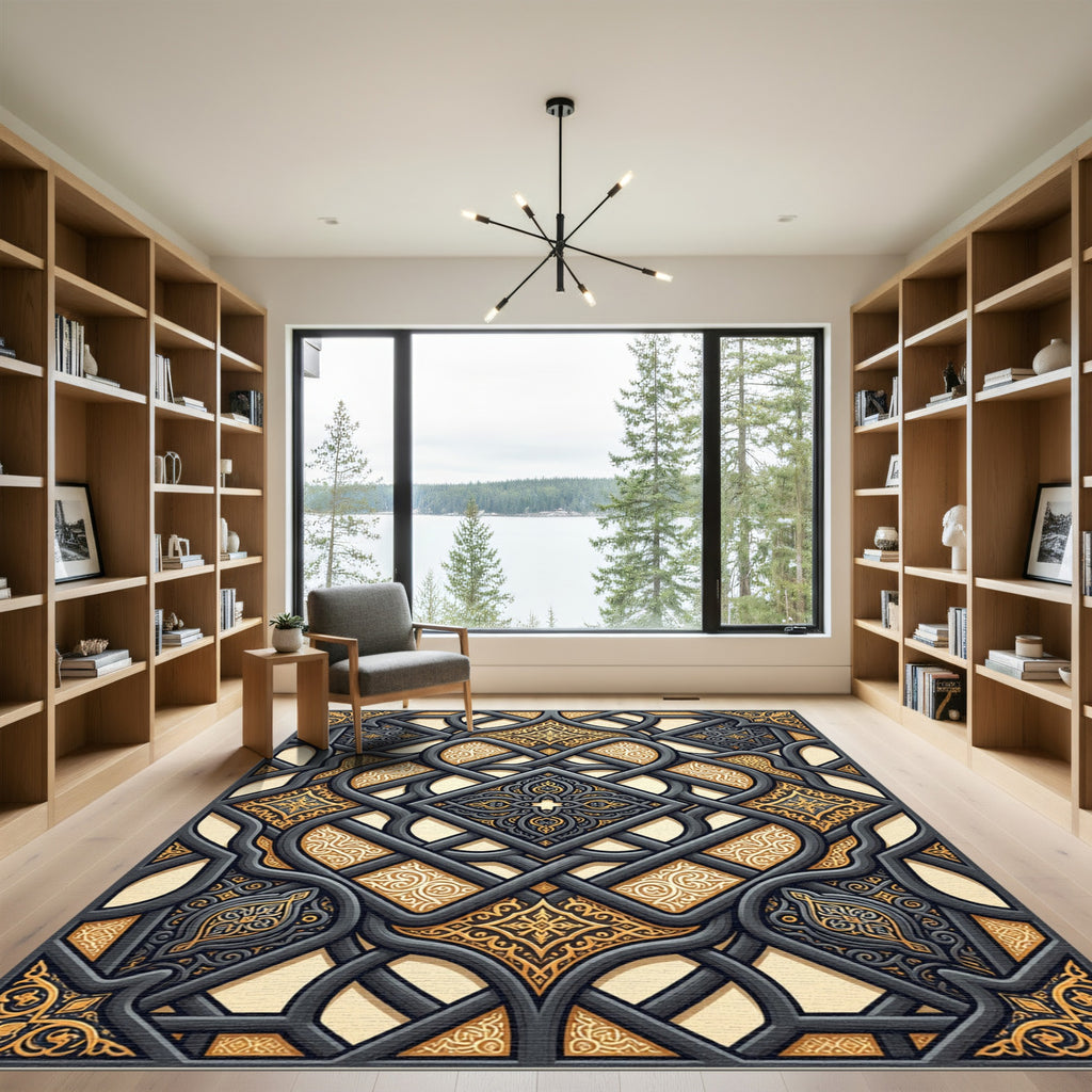 Ornate Gray Golden Interlocking Arabesque Rug