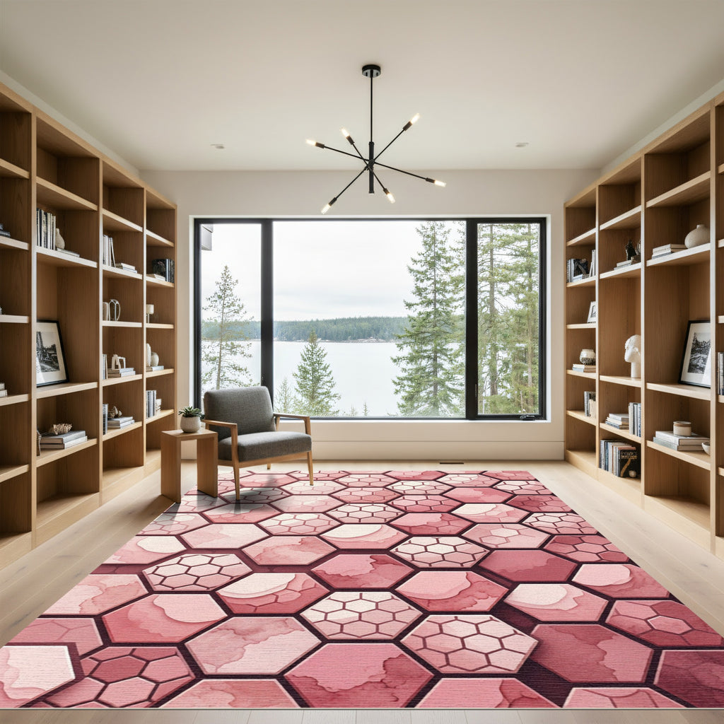 Coral Pink Hexagonal Watercolor Layers Rug