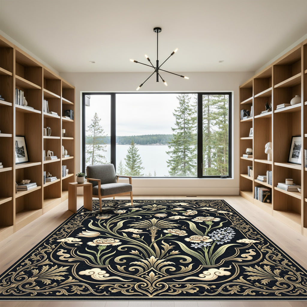 Elegant Black Gold Floral Botanical Garden Rug