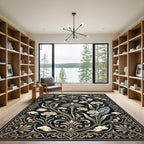 Elegant Black Gold Floral Botanical Garden Rug