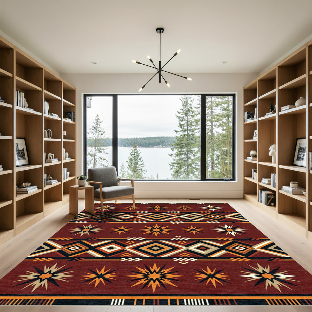 Rich Burgundy Geometric Starburst Tribal Rug