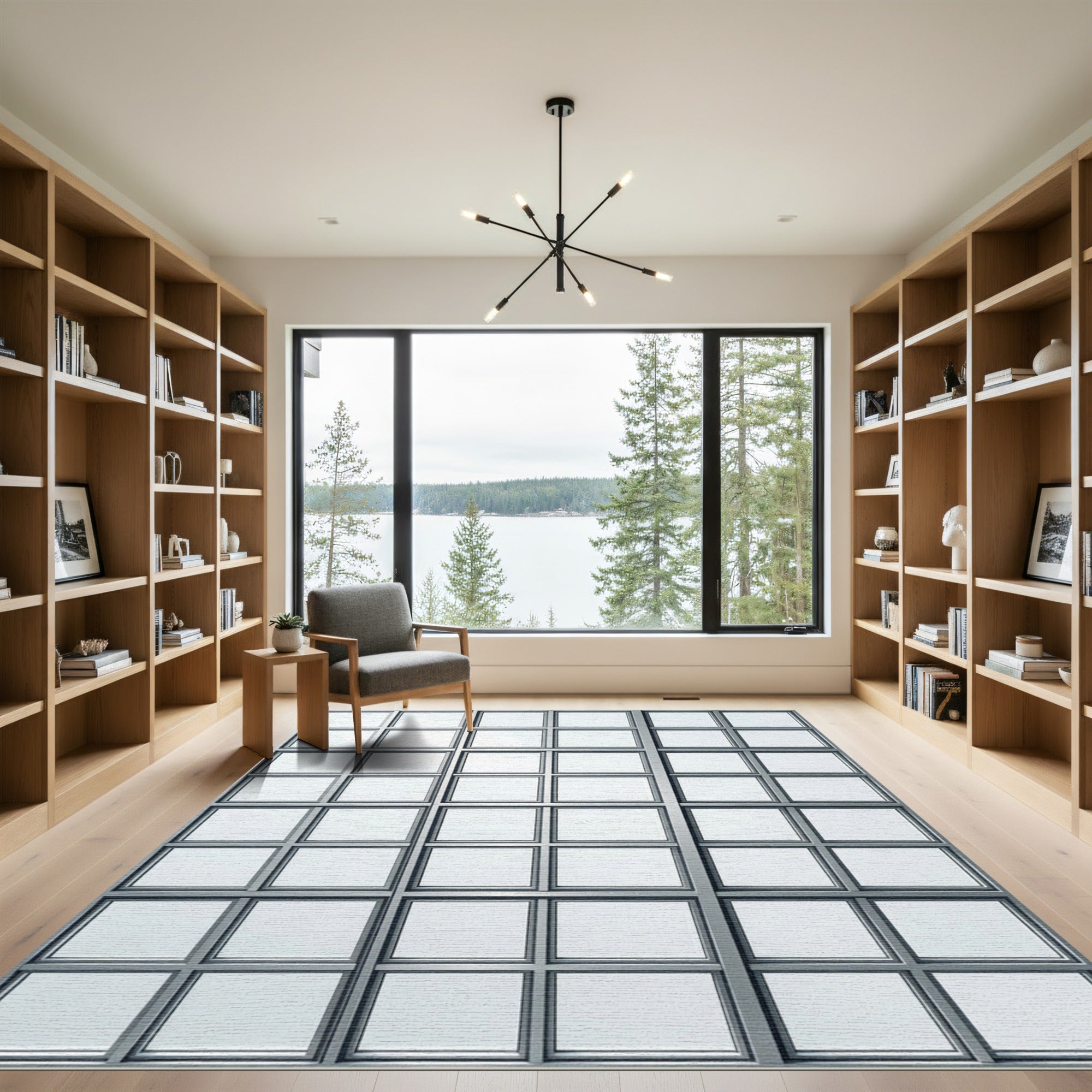 Modern Gray Industrial Grid Squares Rug