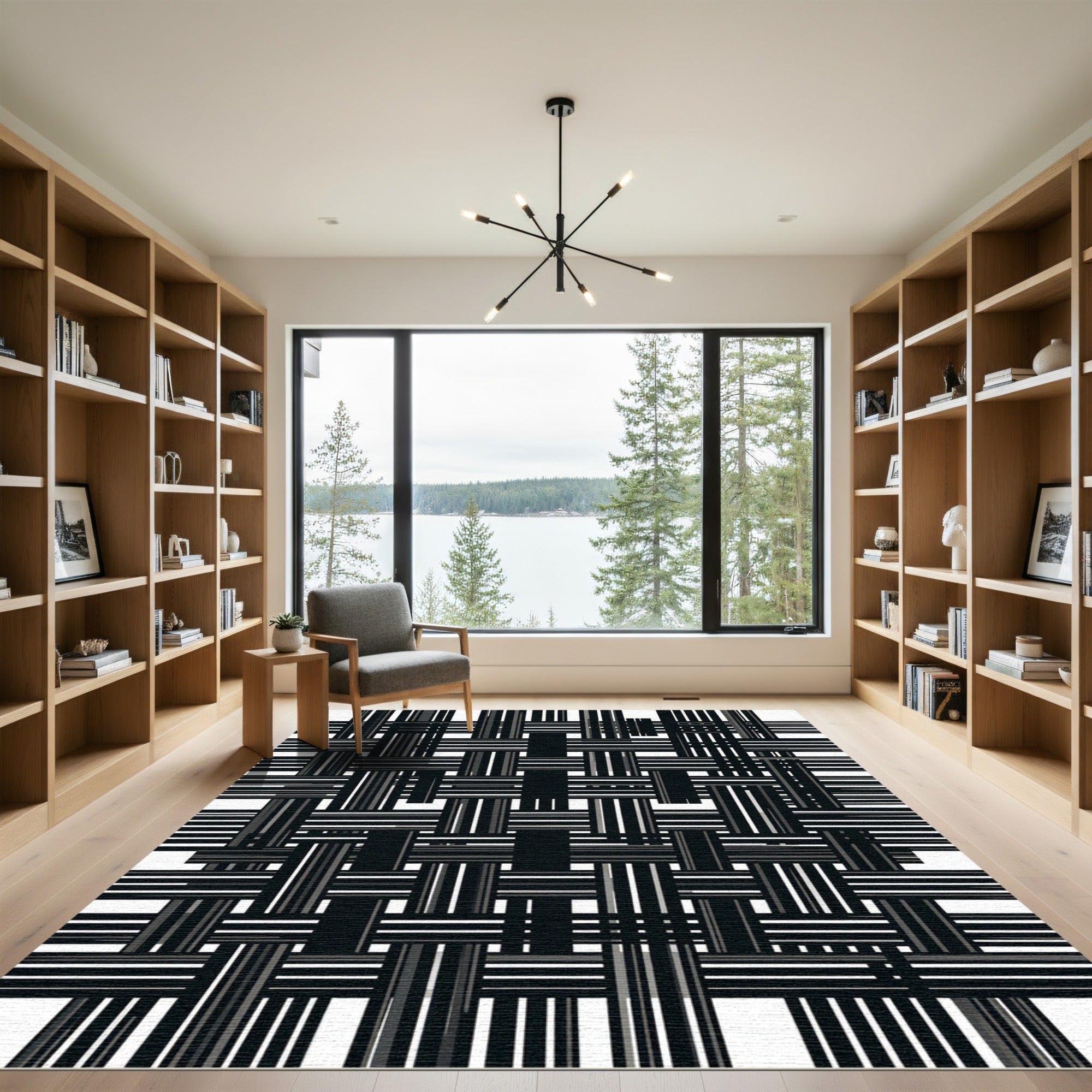 Monochromatic Interwoven Stripe Grid Rug