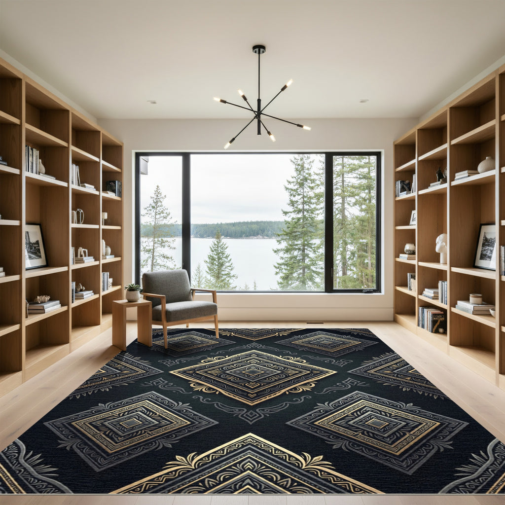 Ornate Black Gold Diamond Medallion Rug