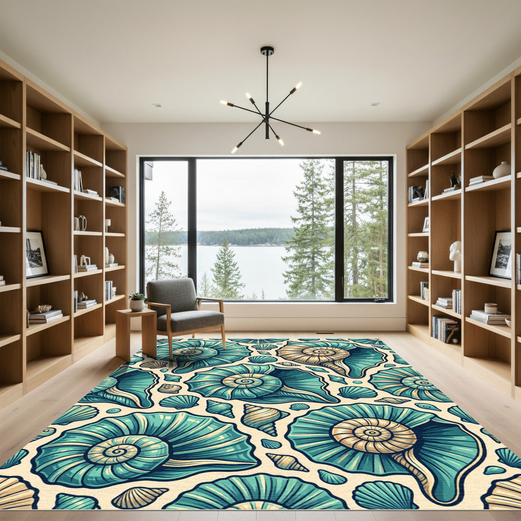 Teal and Gold Coastal Spiral Shells Rug