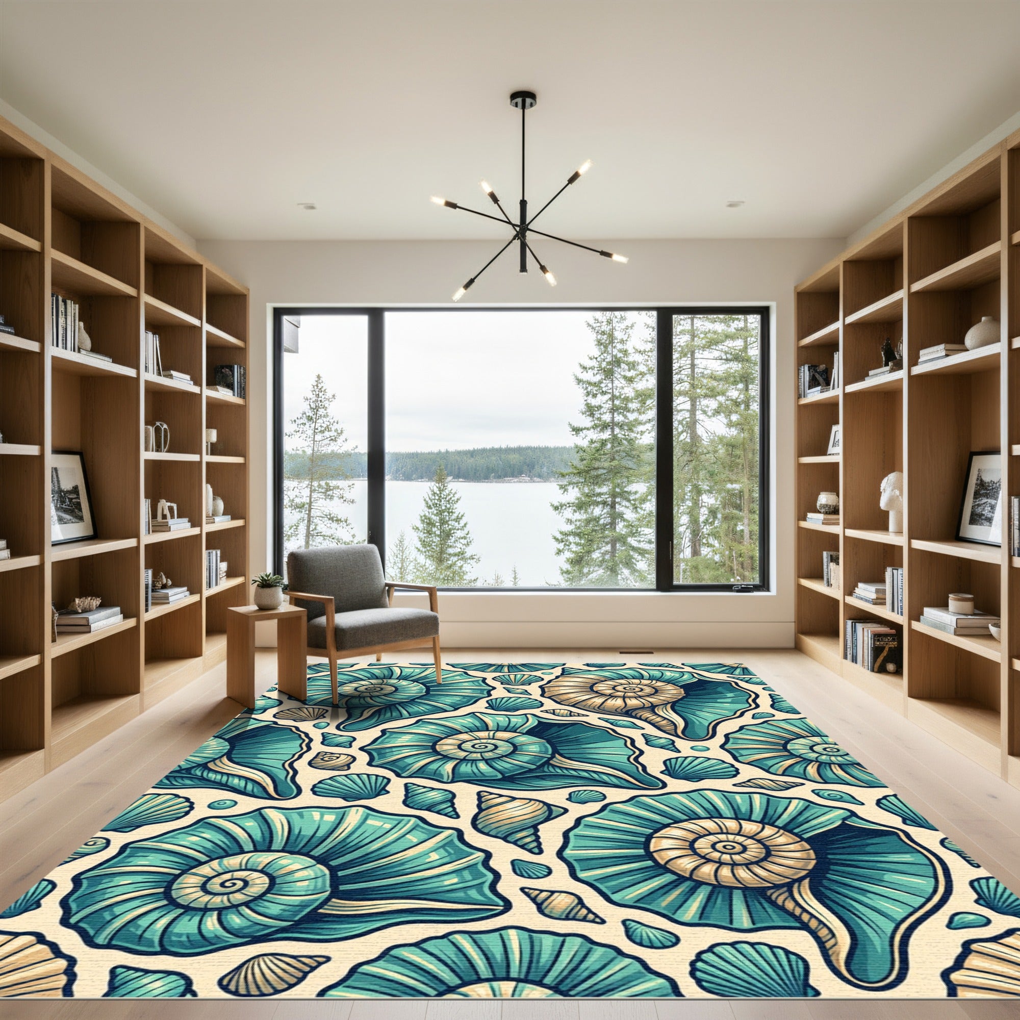 Teal and Gold Coastal Spiral Shells Rug