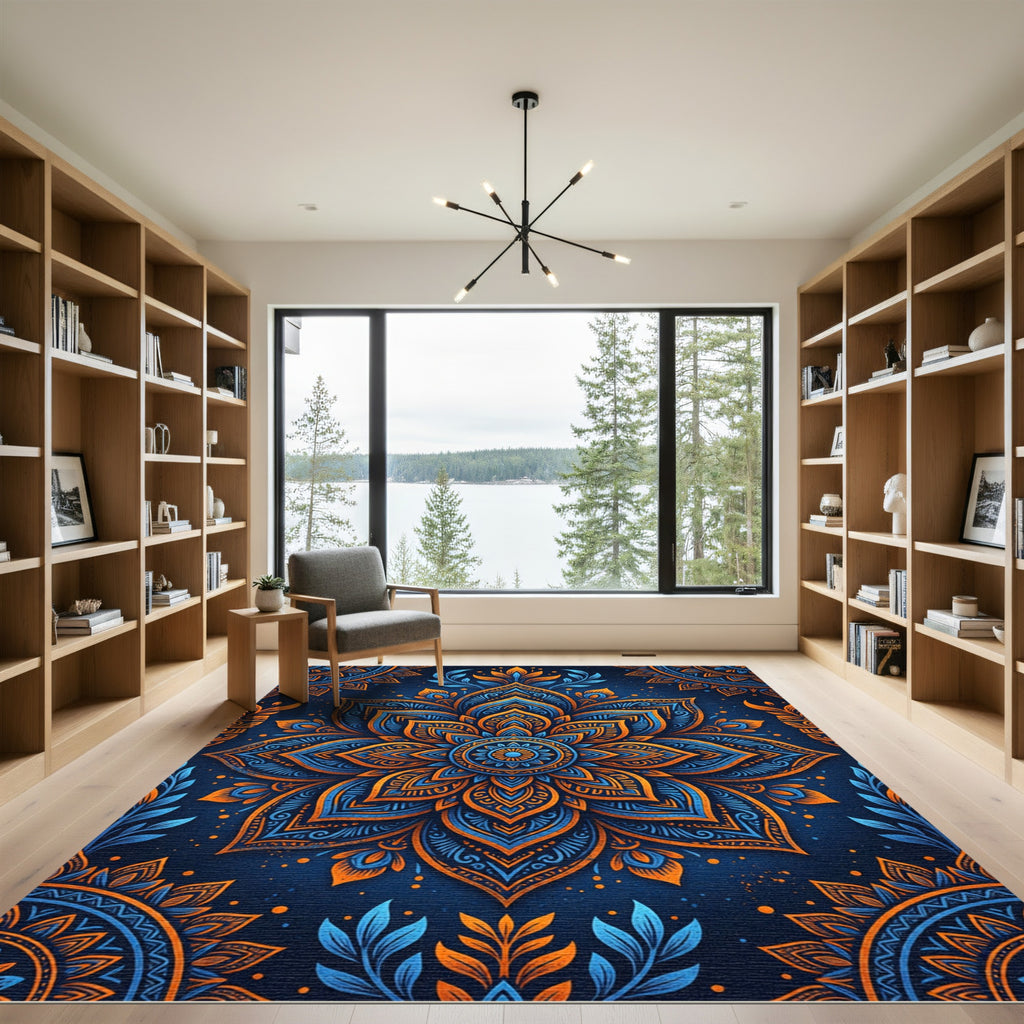 Vibrant Azure Orange Floral Mandala Rug