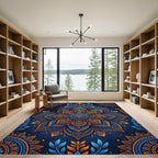 Vibrant Azure Orange Floral Mandala Rug