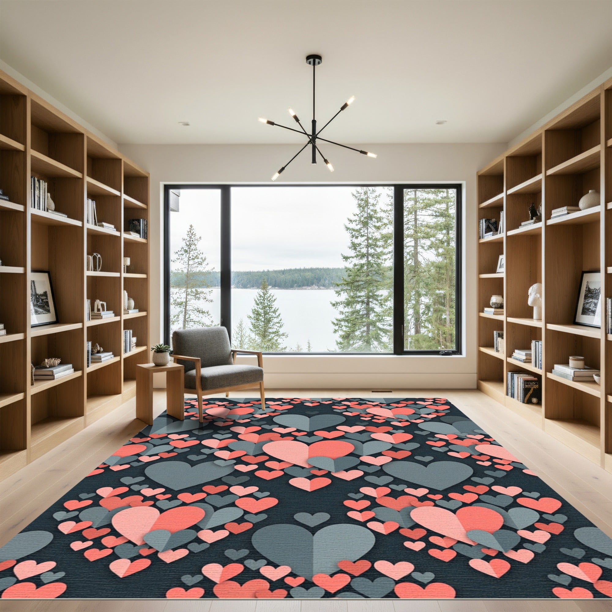 Coral and Slate Layered Heart Mosaic Rug