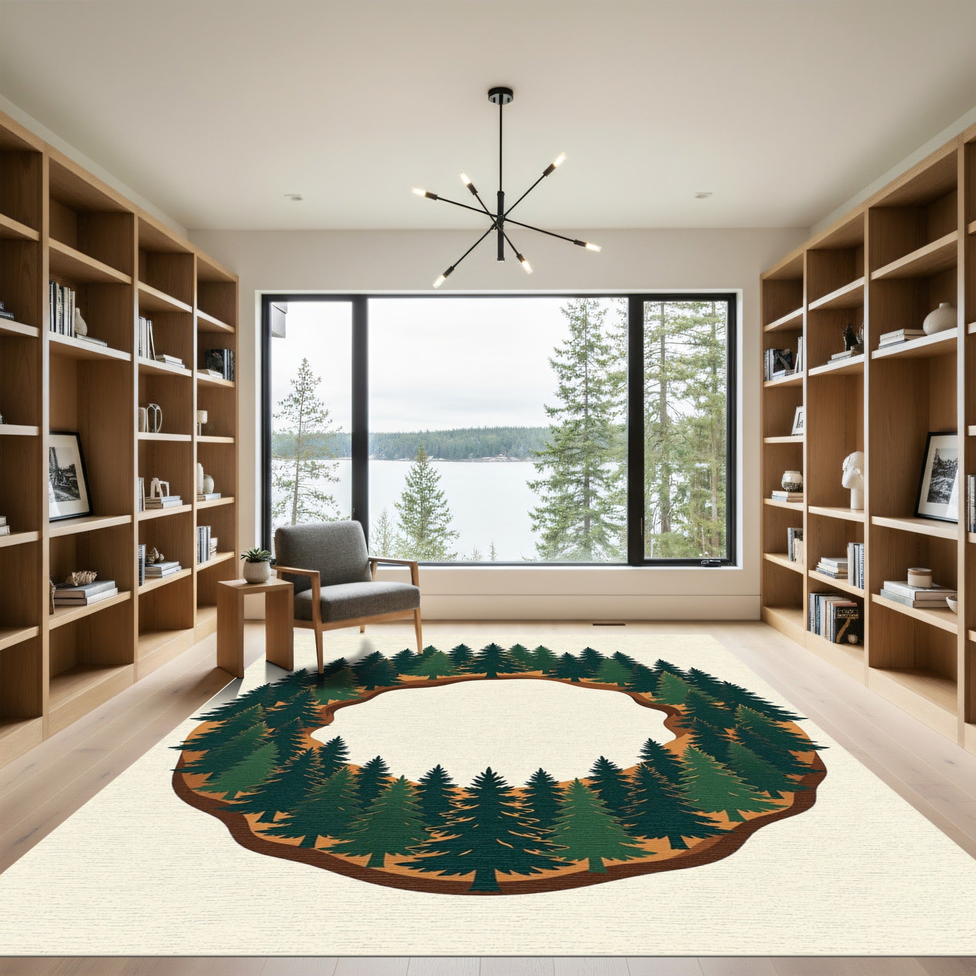 Circular Pine Forest Woodland Wreath Rug